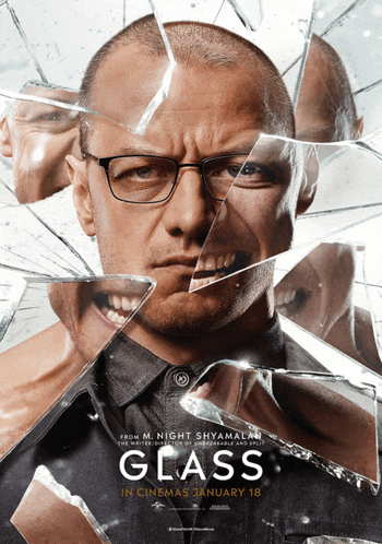 a movie poster for the movie glass shows a man with glasses