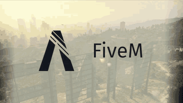 a fivem logo is displayed in front of a foggy city