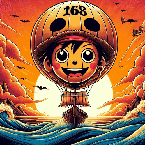 a cartoon illustration of a boy in a hot air balloon with the number 168 on it