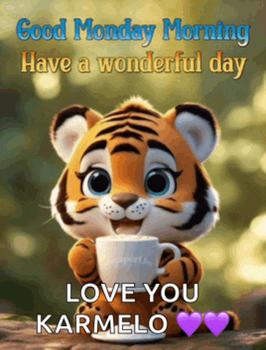 a cartoon tiger is holding a cup of coffee and saying good monday morning have a wonderful day love you karmelo