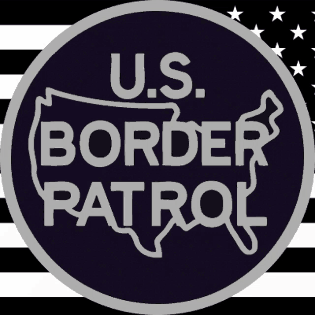 a logo for the u.s. border patrol with a black and white flag in the background