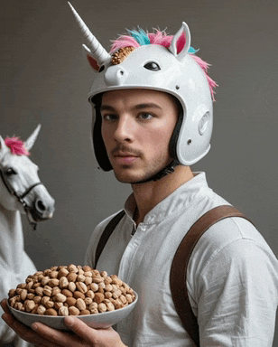 a man wearing a unicorn helmet is holding a bowl of peanuts