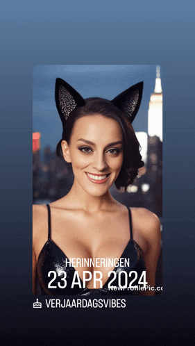 a picture of a woman wearing cat ears with the date 23 apr 2024