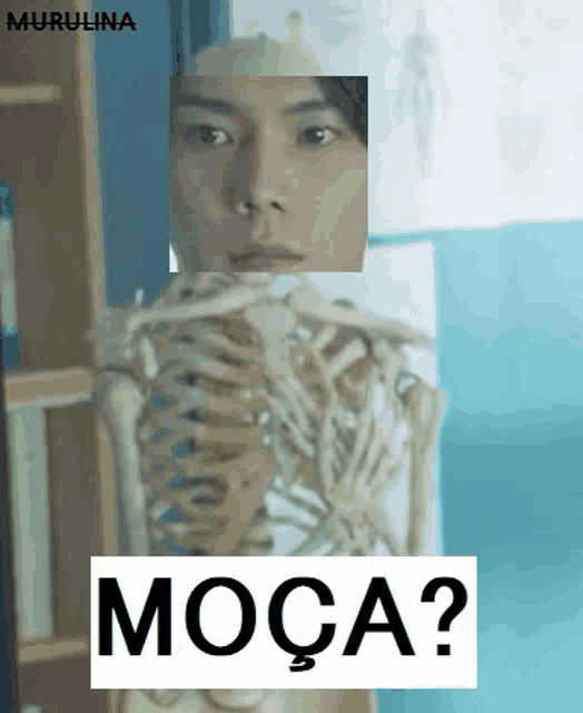 a picture of a man with a skeleton behind him and the words moca on the bottom