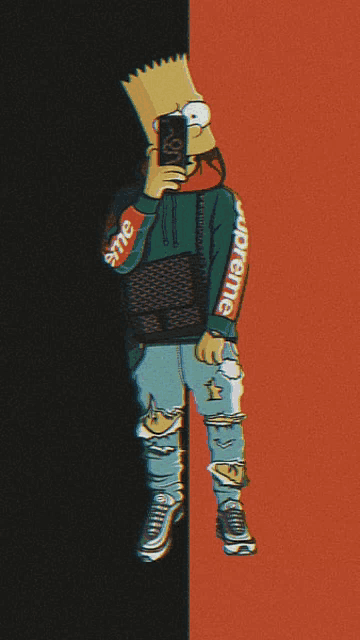 bart simpson wearing a supreme hoodie taking a picture of himself