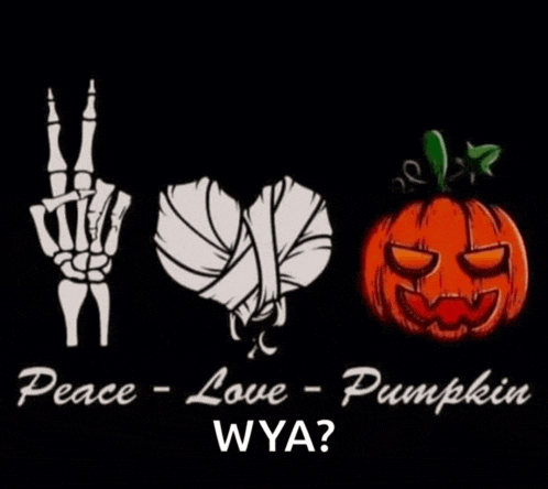 a skeleton hand giving a peace sign next to a heart and pumpkin