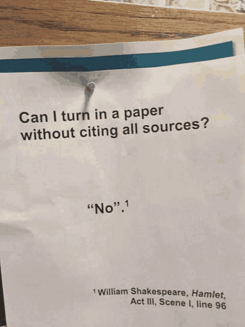 a piece of paper that says can i turn in a paper without citing all sources on it