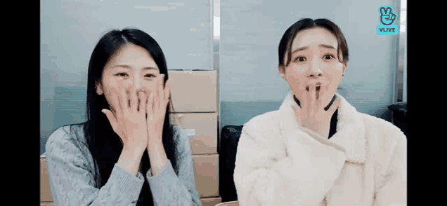 two women are covering their faces with their hands while sitting next to each other .