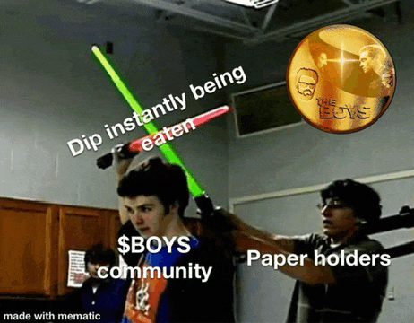 a meme with two boys holding lightsabers and a penny that says the boys