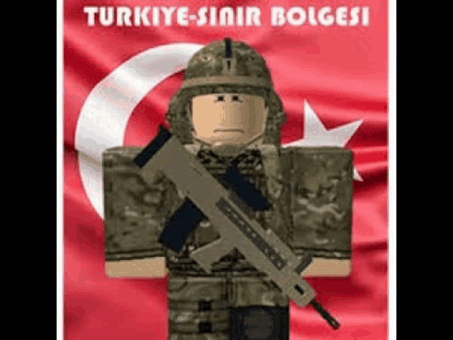 a toy soldier is holding a gun in front of a flag .