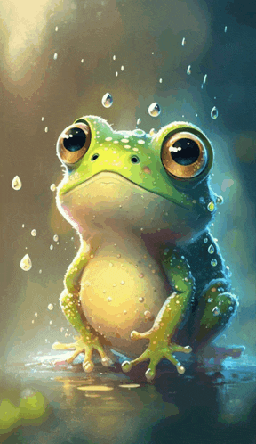 a frog with big eyes is sitting in the water with water drops falling on it