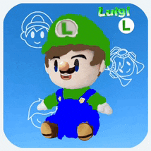 a stuffed luigi l with a green hat and blue overalls