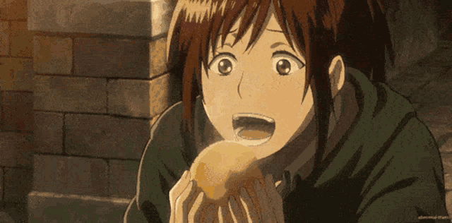 a girl is eating a piece of bread with her mouth wide open