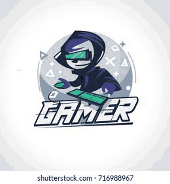 a logo for a video game team with a man in a hood holding a keyboard .