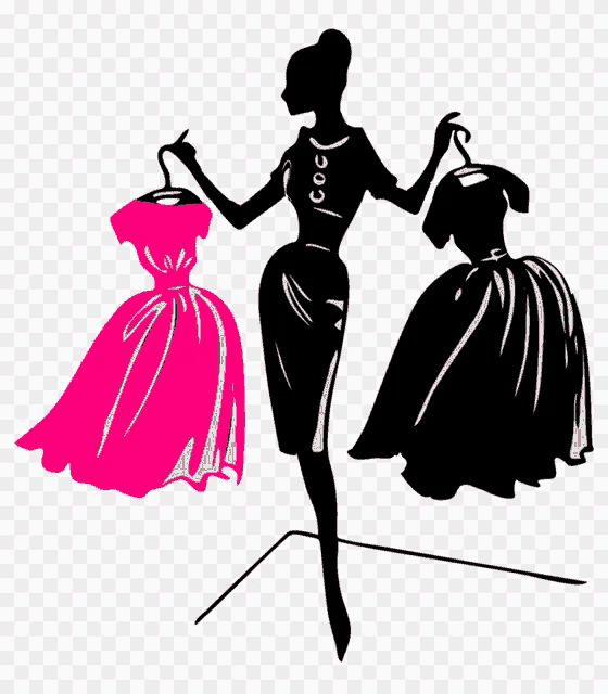 a silhouette of a woman holding two dresses in her hands