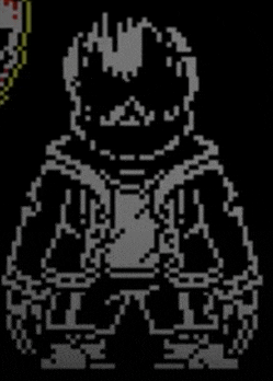 a black and white pixel art of a person with a mask on .