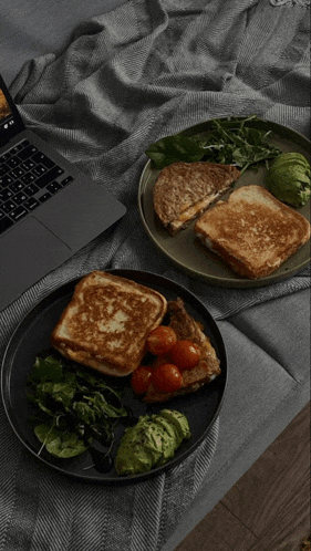 two plates of food on a couch with a laptop in the background