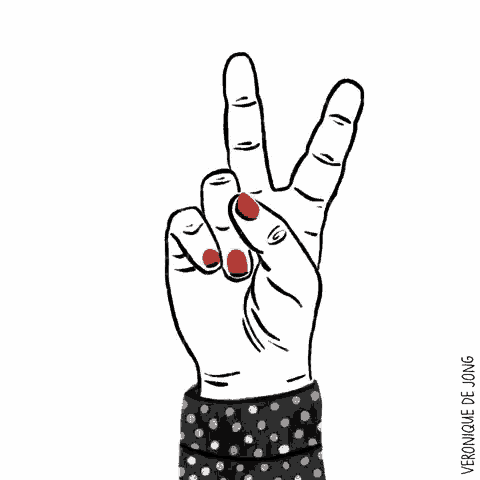 a drawing of a hand with red nails making a peace sign