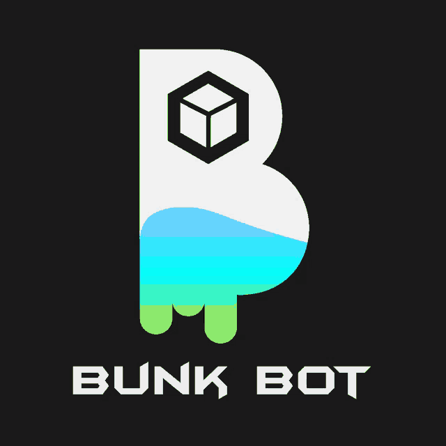 a logo for bunk bot with a cube in the center