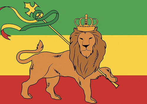 a lion with a crown on its head stands in front of a rastafari flag