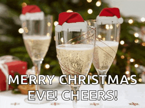 three glasses of champagne with santa hats on them and the words merry christmas eve cheers written below them