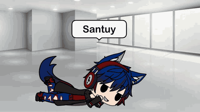 a cartoon character is laying on the floor with a speech bubble saying " santuy "