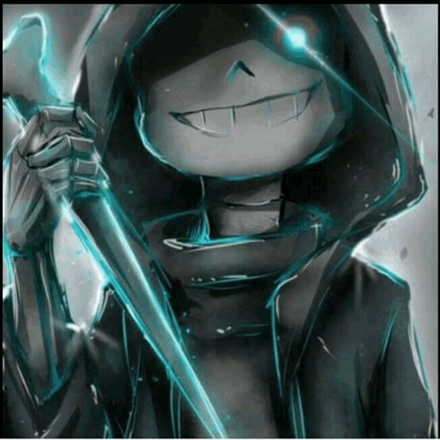 a drawing of a skeleton wearing a hoodie and holding a sword .