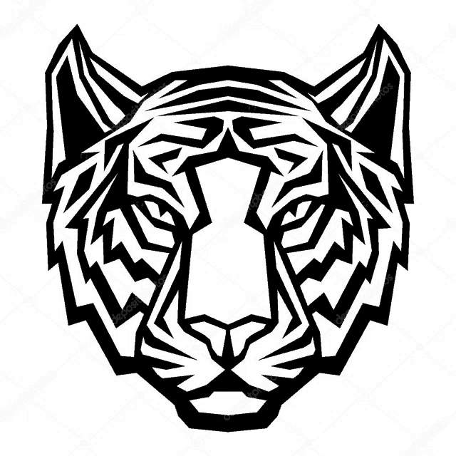 it is a black and white drawing of a tiger 's head .