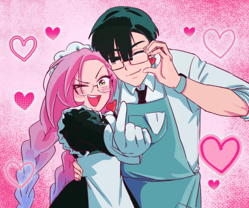 a man and a maid are posing for a picture with pink hearts around them