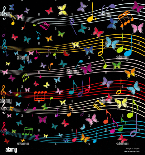 a colorful music note with butterflies on a black background