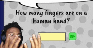 a man is covering his face in front of a screen that says how many fingers are on a human hand