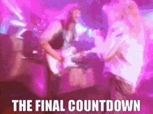 a man is playing a guitar in front of a purple background with the words the final countdown above him