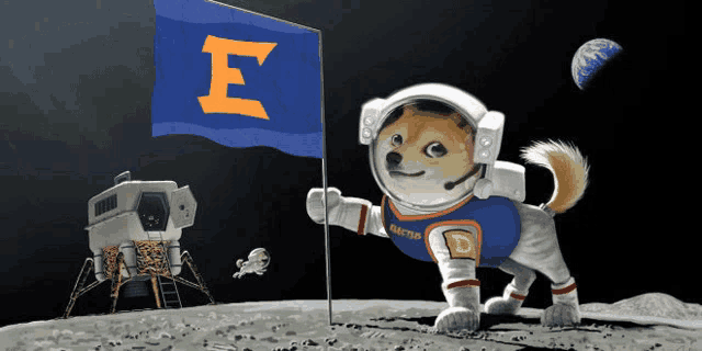 a dog in a space suit is holding a flag that says e on it