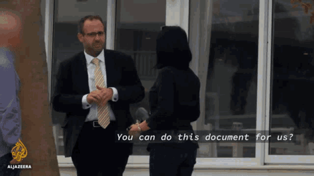 a man in a suit and tie talking to a woman with the words " you can do this document for us " below him