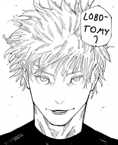 a black and white drawing of a man with a speech bubble saying lobo-tomy