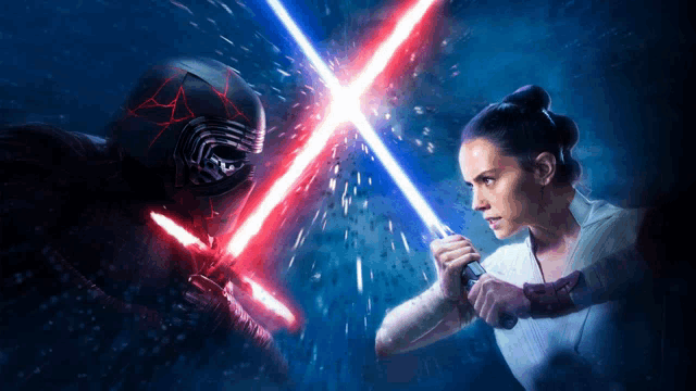 kylo ren and rey are fighting with lightsabers in a painting