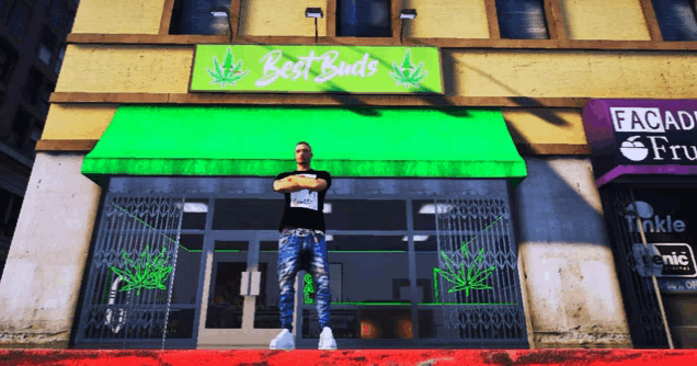 a man is standing in front of a best buds store