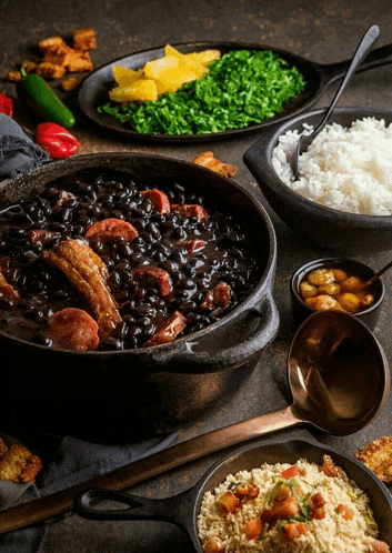 a pot filled with black beans and sausage next to bowls of rice