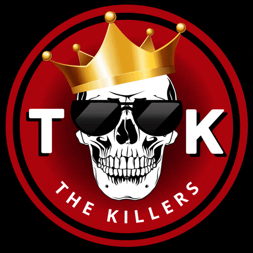 a logo for the killers with a skull wearing a crown and sunglasses