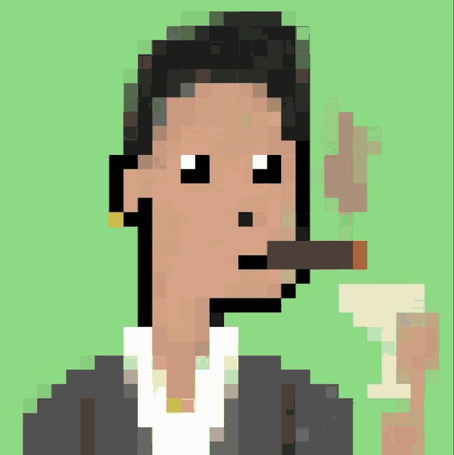 a pixel art of a man smoking a cigar and holding a glass of wine