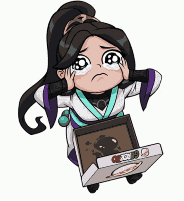 a cartoon girl is crying while holding a box of pizza that says ozzon 19