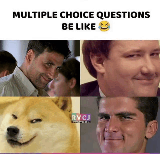 a meme that says multiple choice questions be like with a doge