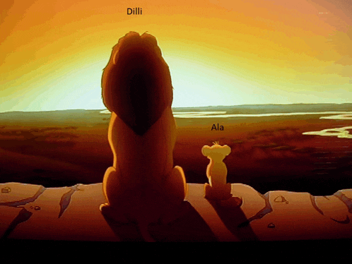 a cartoon of a lion and a cub with the words " dill " and " ala " below them