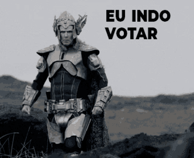 a man in armor with the words eu indo votar written below him