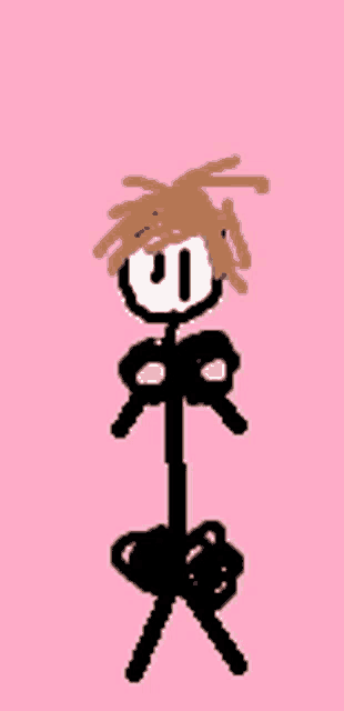 a drawing of a stick figure with brown hair and a white face on a pink background