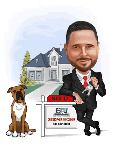 a cartoon of a man holding keys next to a sold sign and a dog