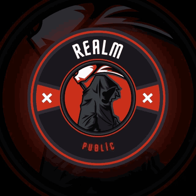 a logo for realm public shows a grim reaper with a scythe