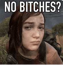 a picture of a girl with the words " no bitches " on top of her