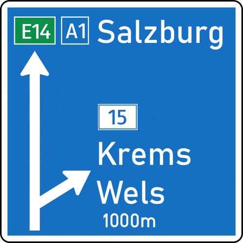 a blue sign that says e14 a1 salzburg and krems wels