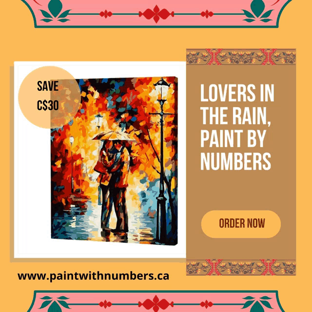 an advertisement for paint by numbers shows a couple kissing under an umbrella